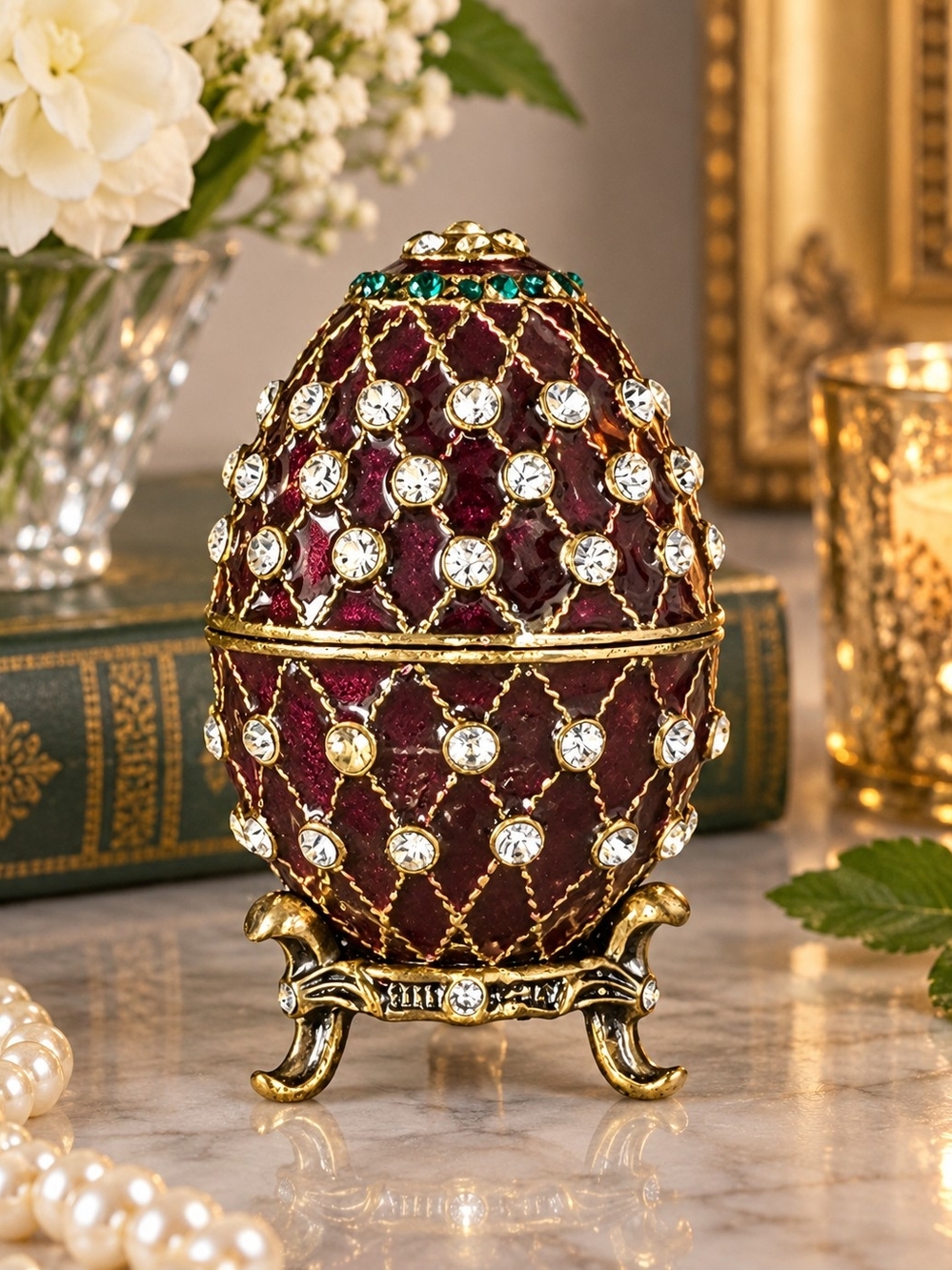 Vintage Faberge Style Egg Trinket Box: Burgandy Enamel, Rhinestone Jeweled
